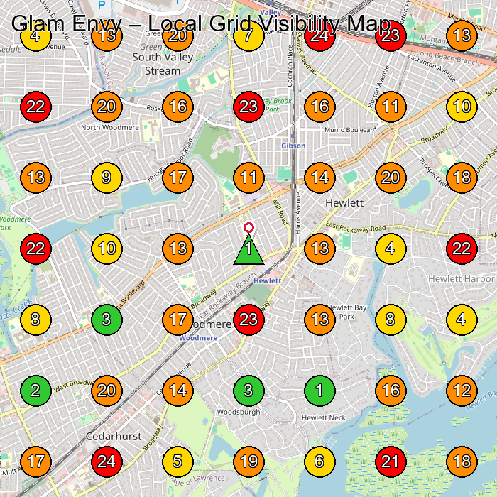 Glam Envy Beauty Salon GeoGrid ranking map for Woodmere NY